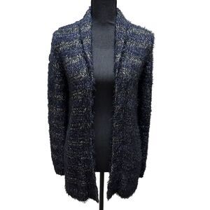 Lucky Brand Sz Small Shawl Neck Shag Fluffy Open Cardigan Navy Silver‎ Metallic
